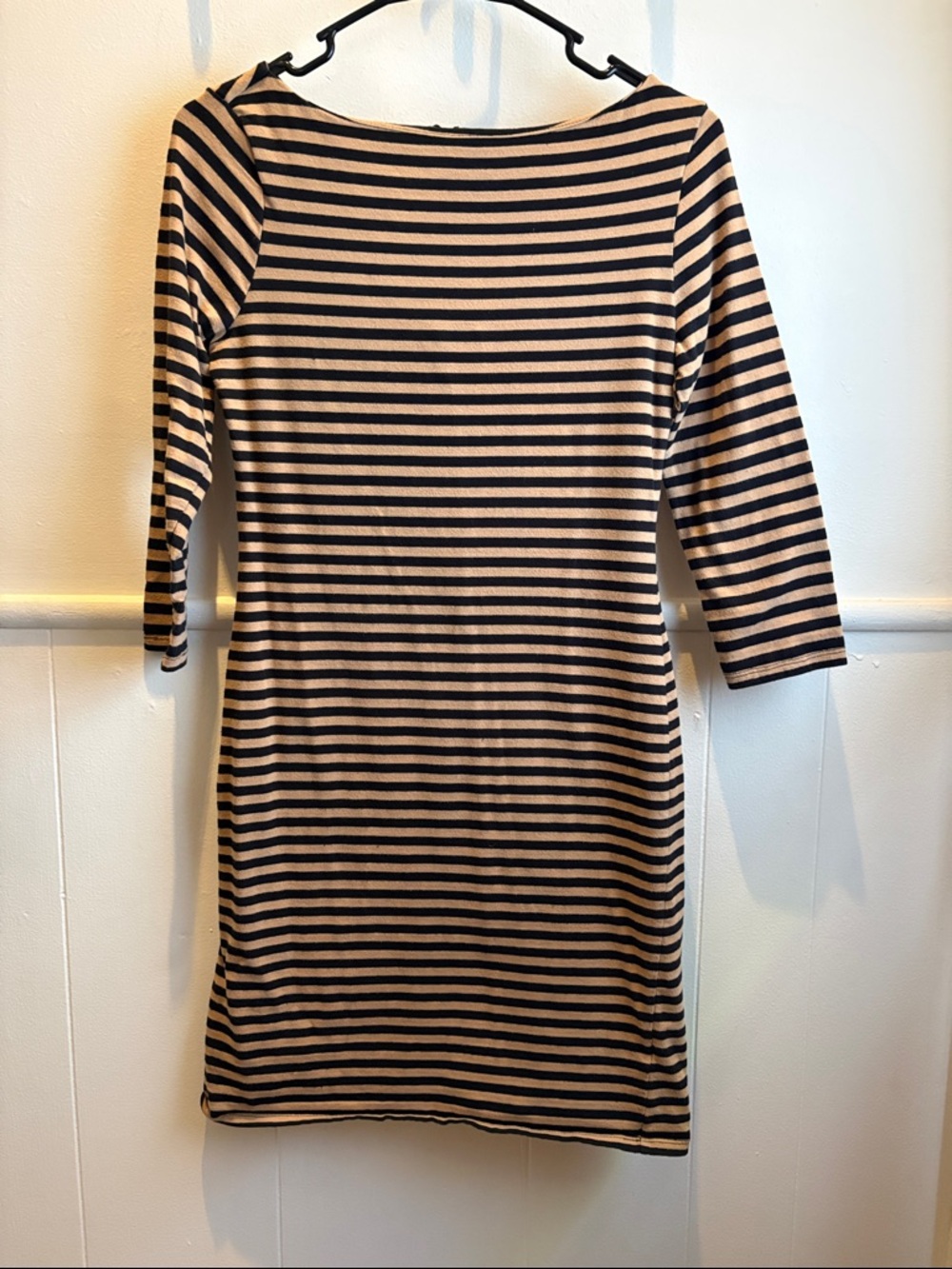 Xhilaration Beige and Black Striped Boatneck Long Sleeve Dress